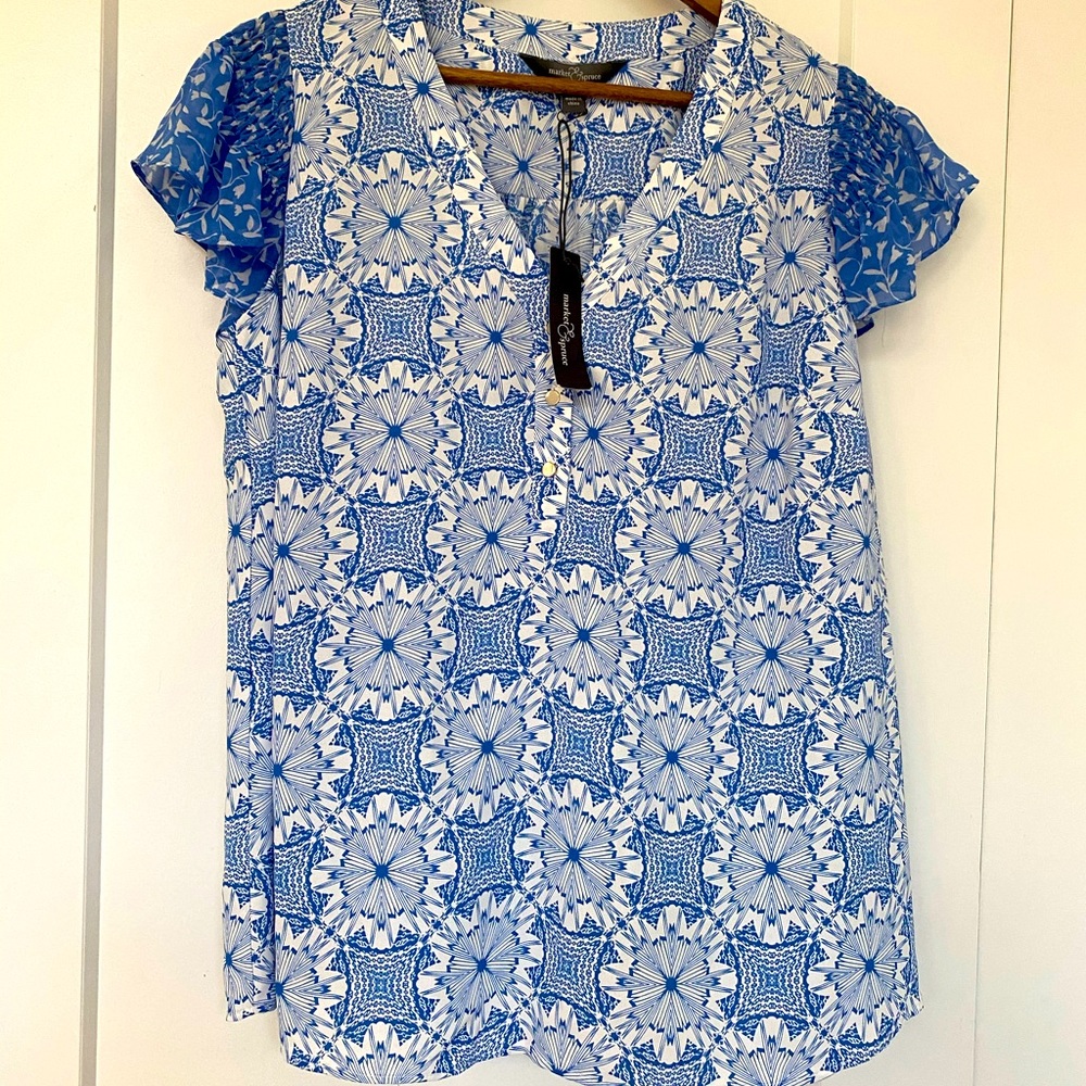 Brand new blue and white flowy top